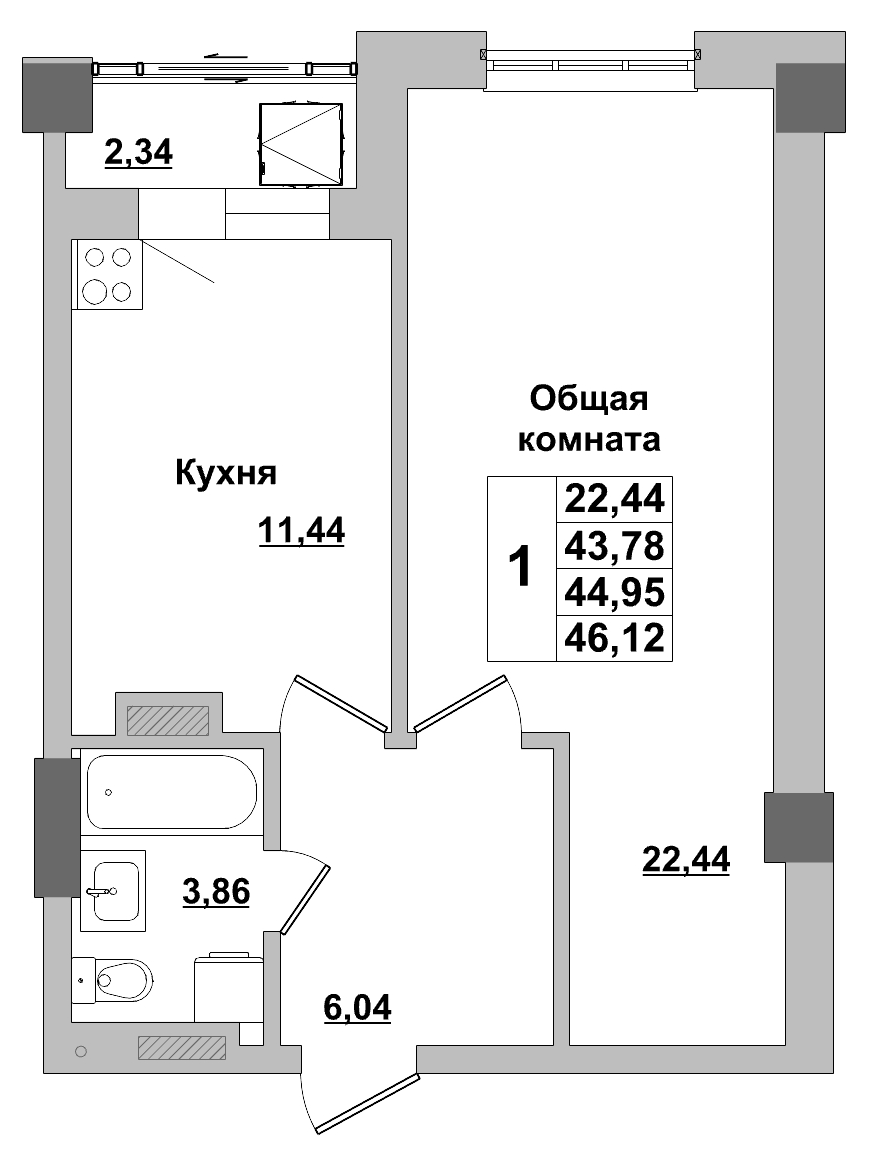 1 комн., 44.95 м²