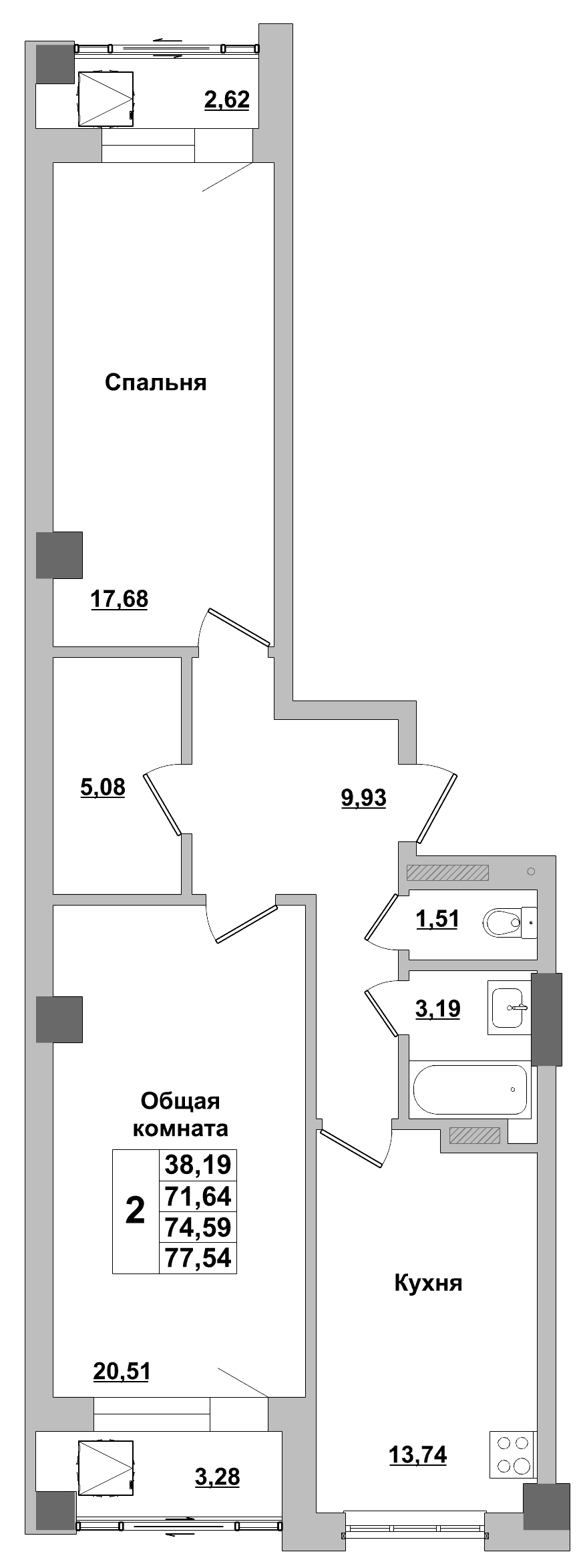 2 комн., 74.59 м²