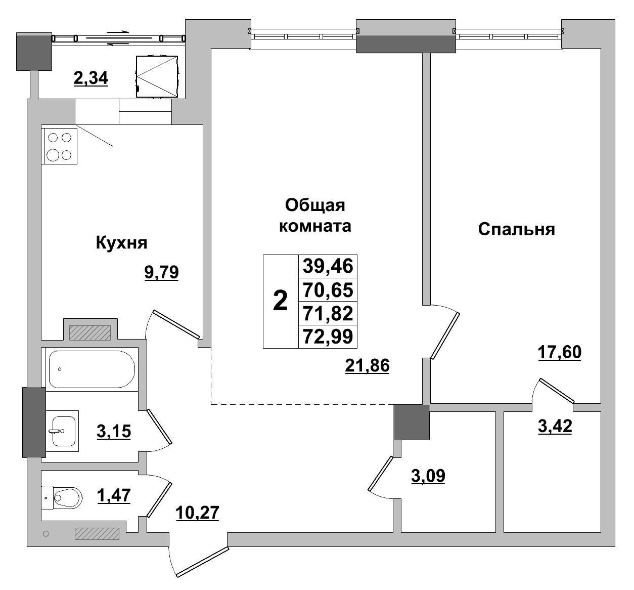 2 комн., 71.82 м²