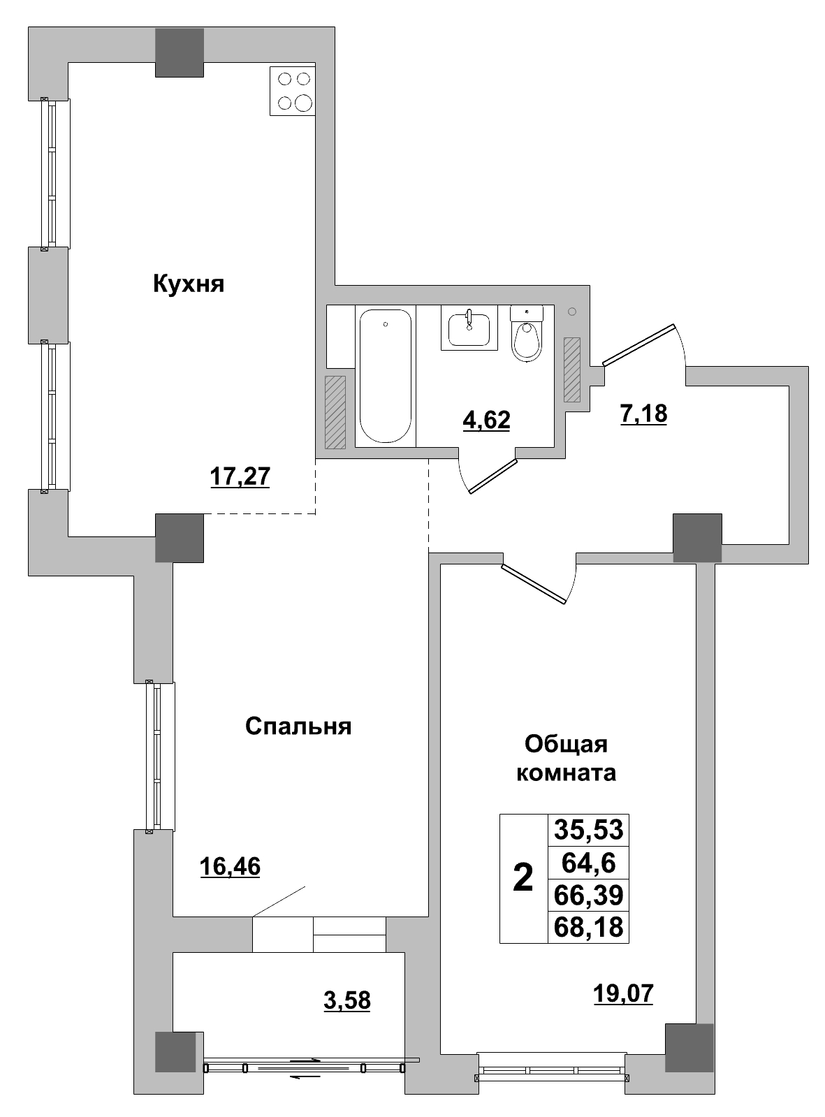 2 комн., 66.39 м²
