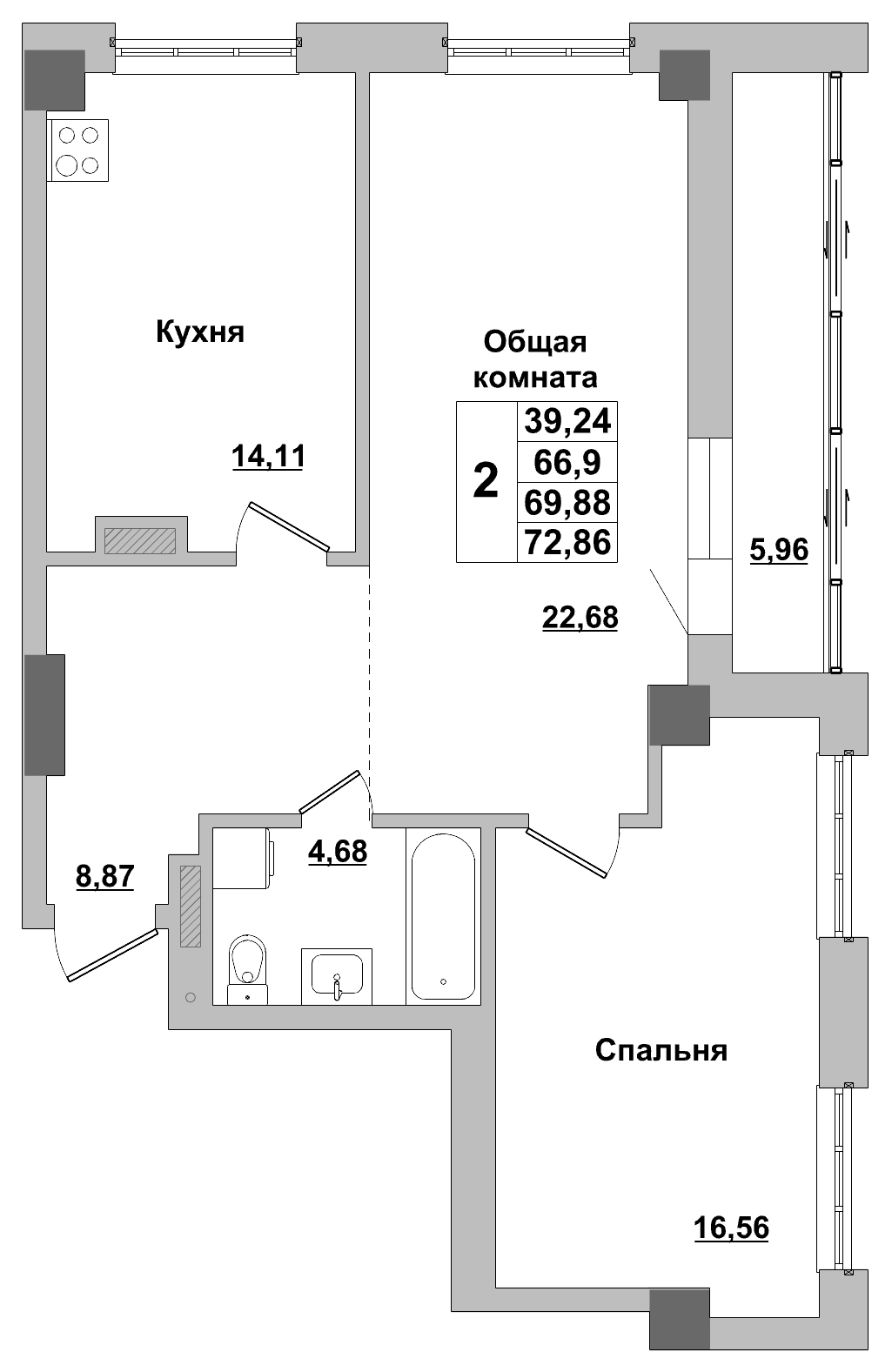 2 комн., 69.88 м²