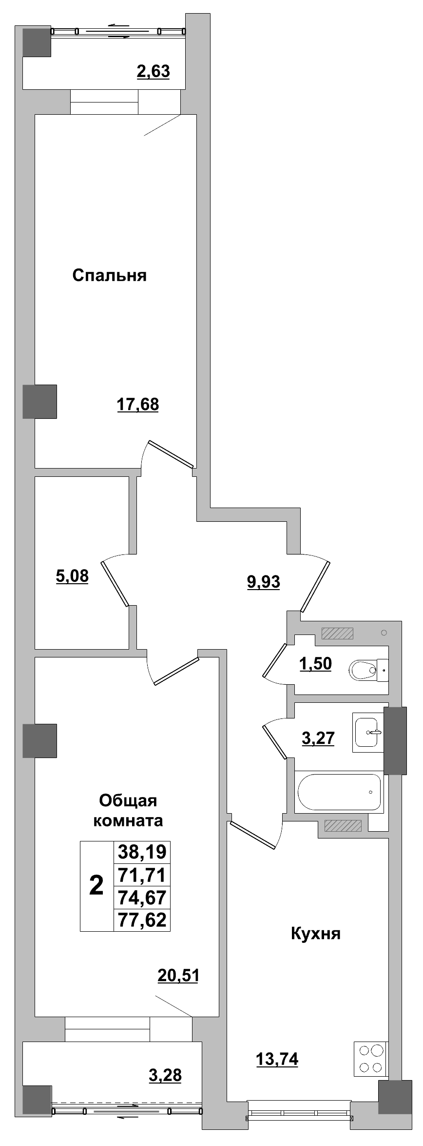 2 комн., 74.67 м²