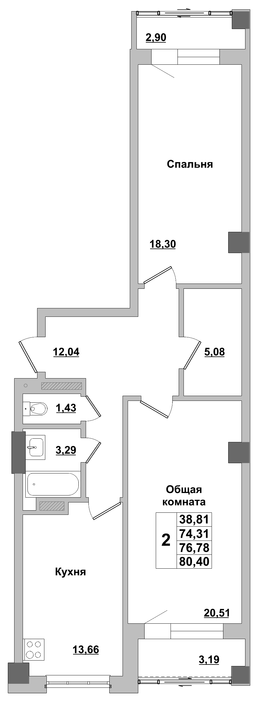 2 комн., 76.78 м²