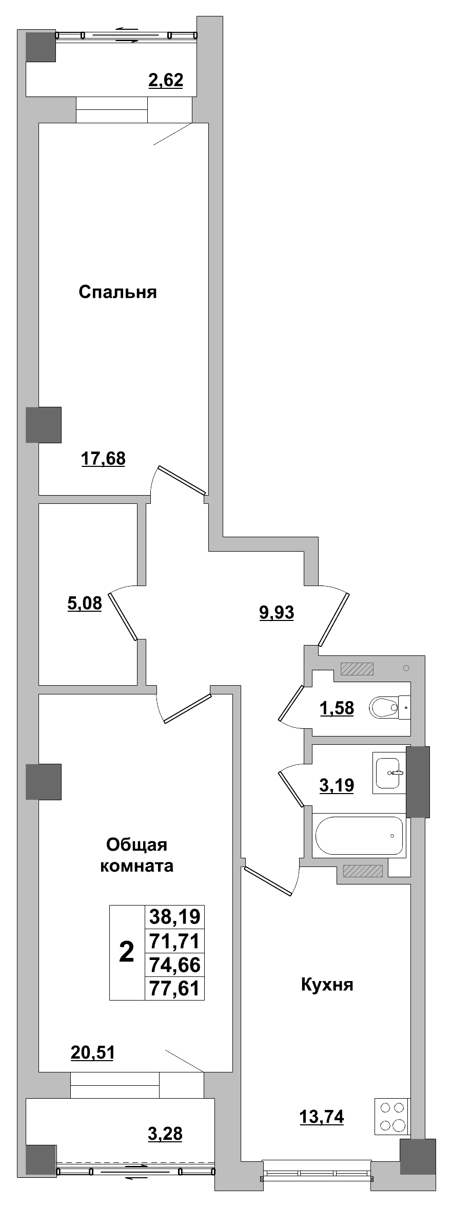 2 комн., 74.66 м²