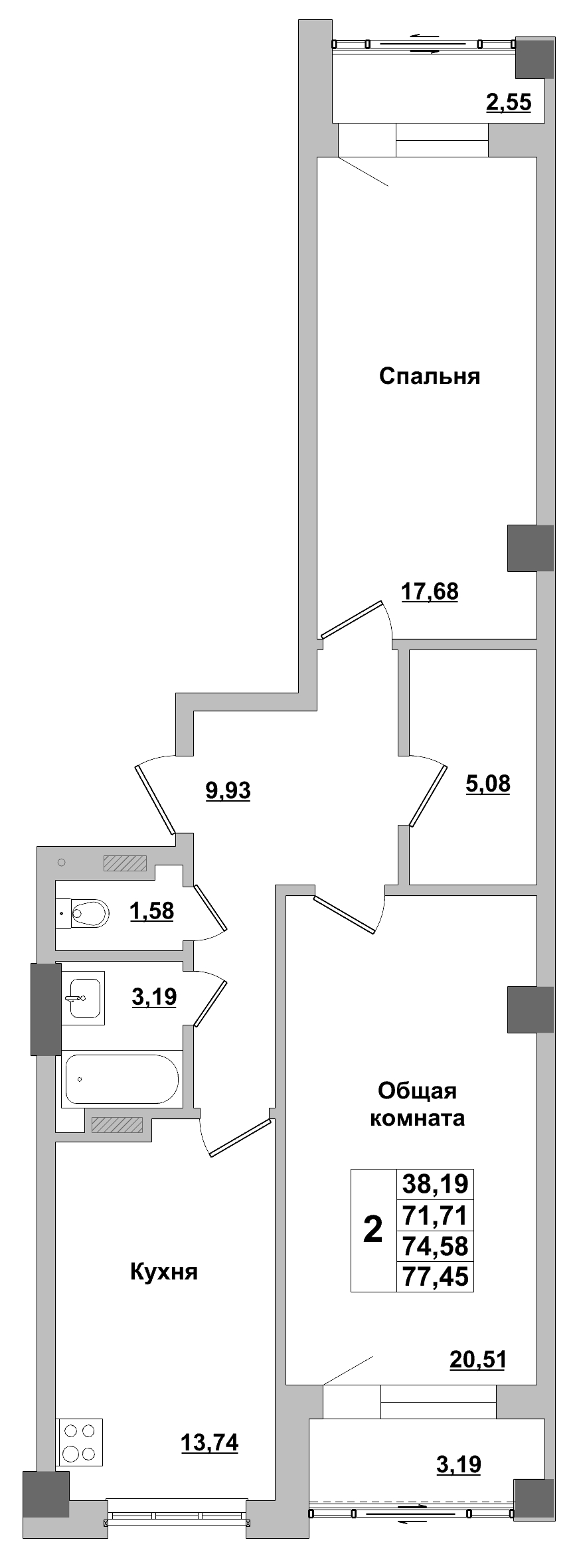 2 комн., 74.58 м²