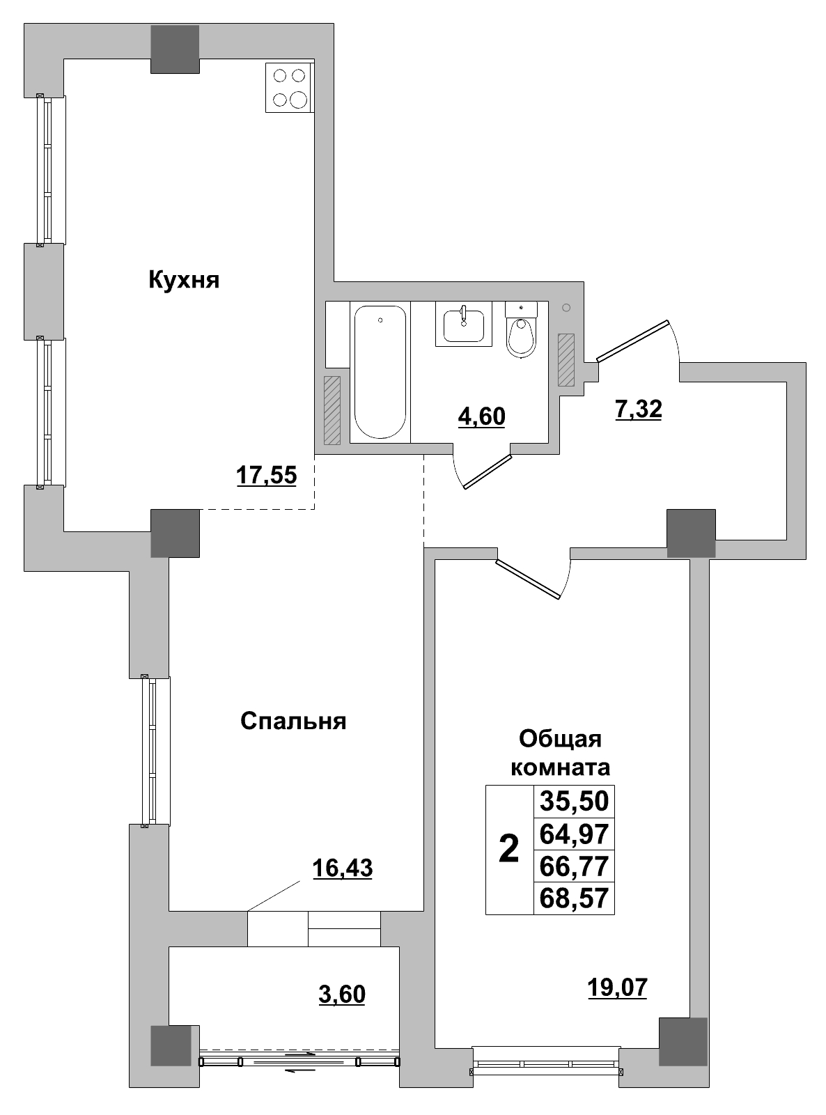 2 комн., 66.77 м²