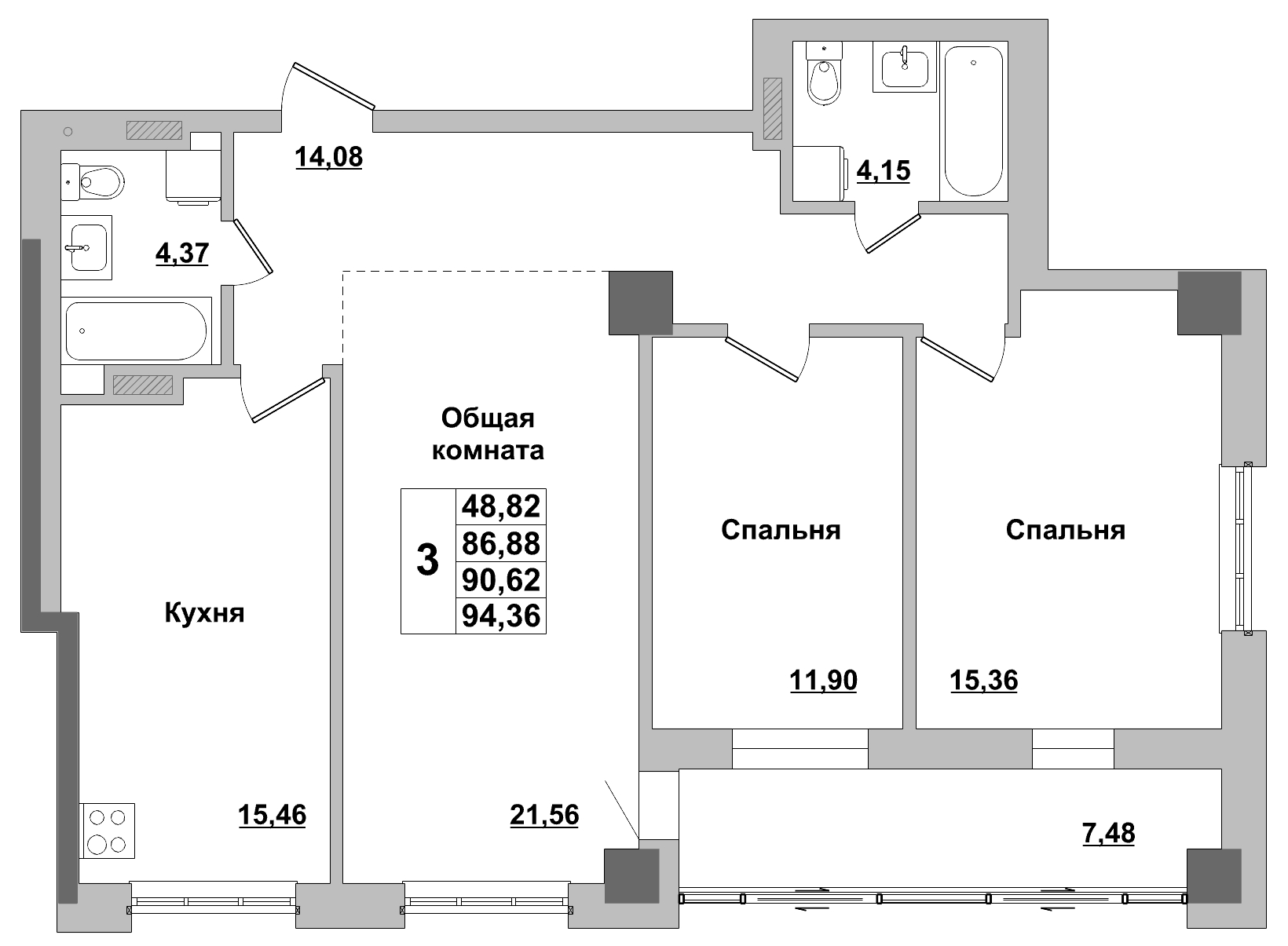 3 комн., 90.62 м²