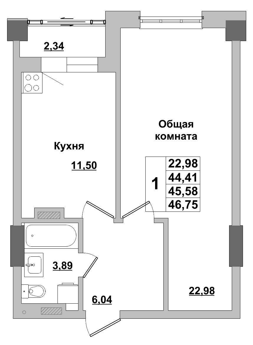1 комн., 45.58 м²