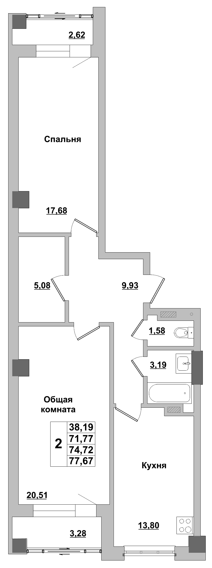 2 комн., 74.72 м²