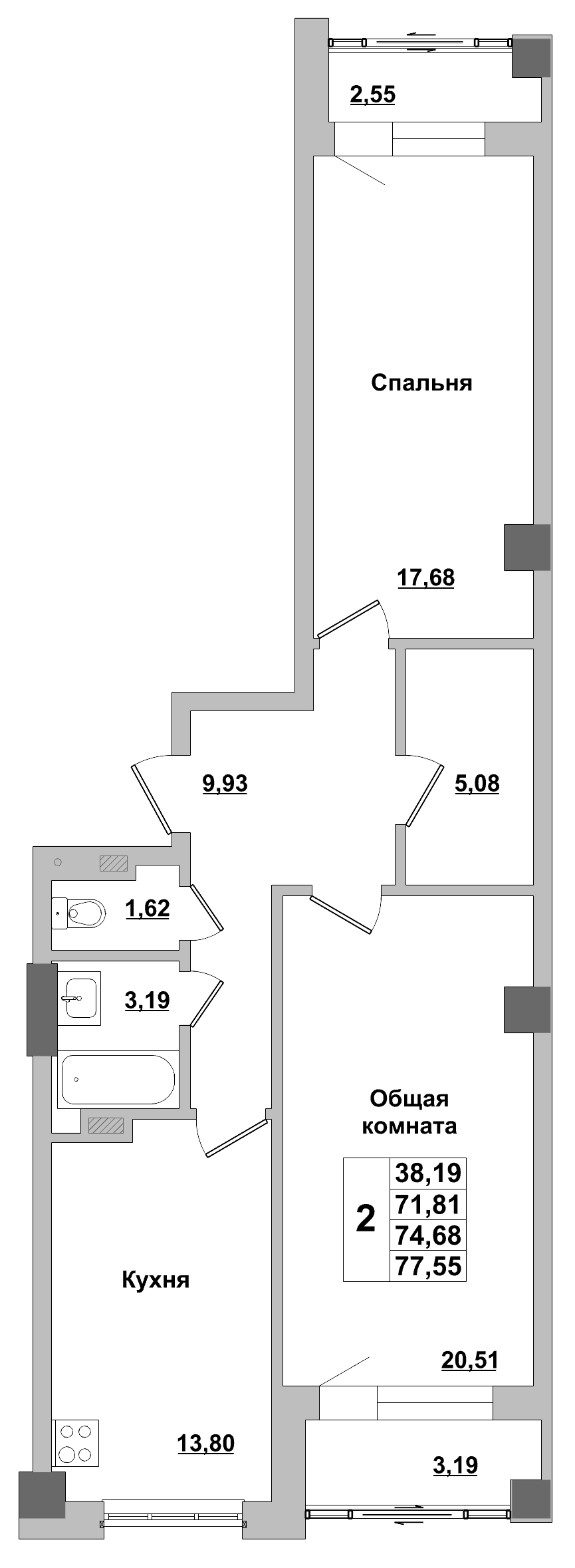2 комн., 74.68 м²