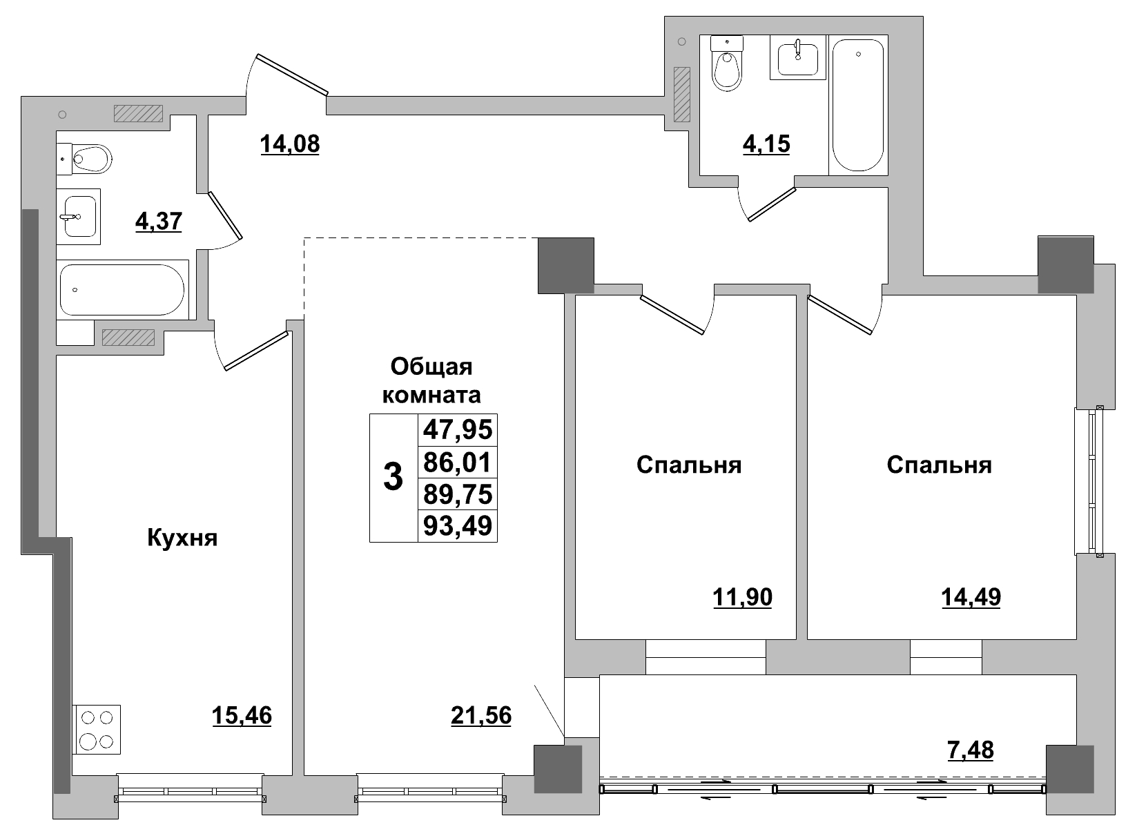 3 комн., 89.75 м²