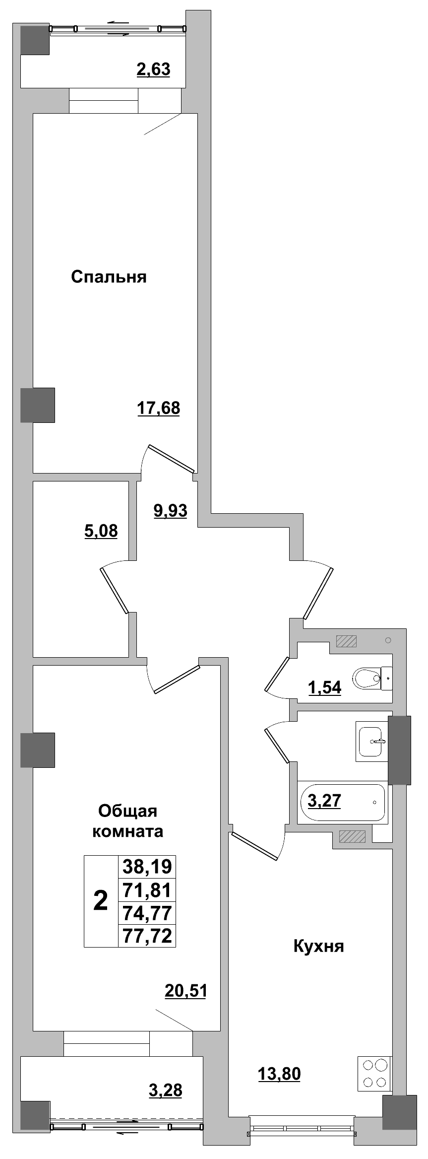 2 комн., 74.77 м²