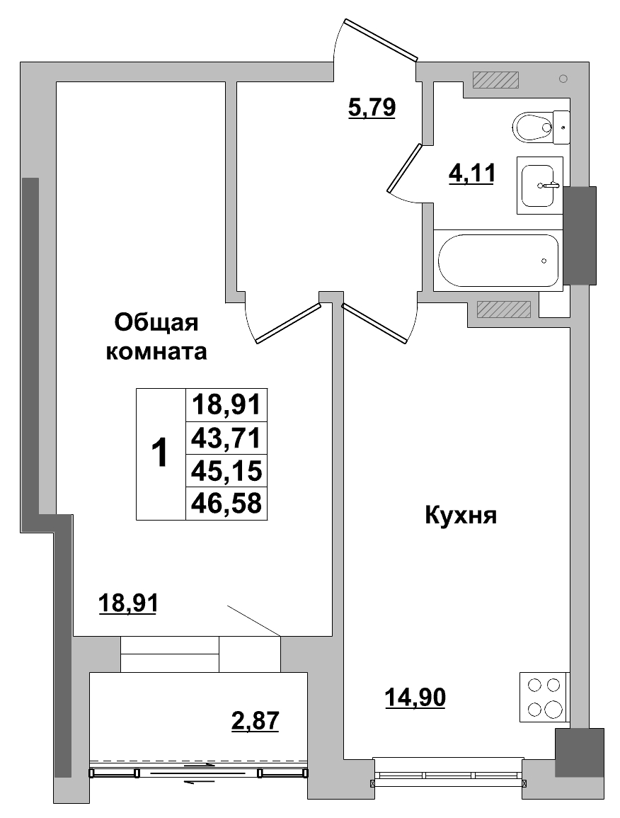 1 комн., 45.15 м²