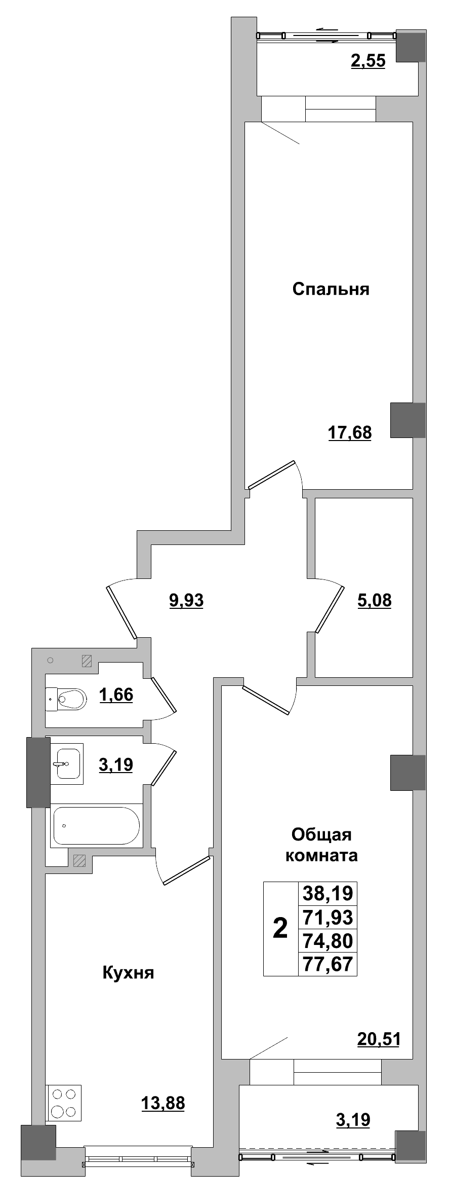 2 комн., 74.80 м²