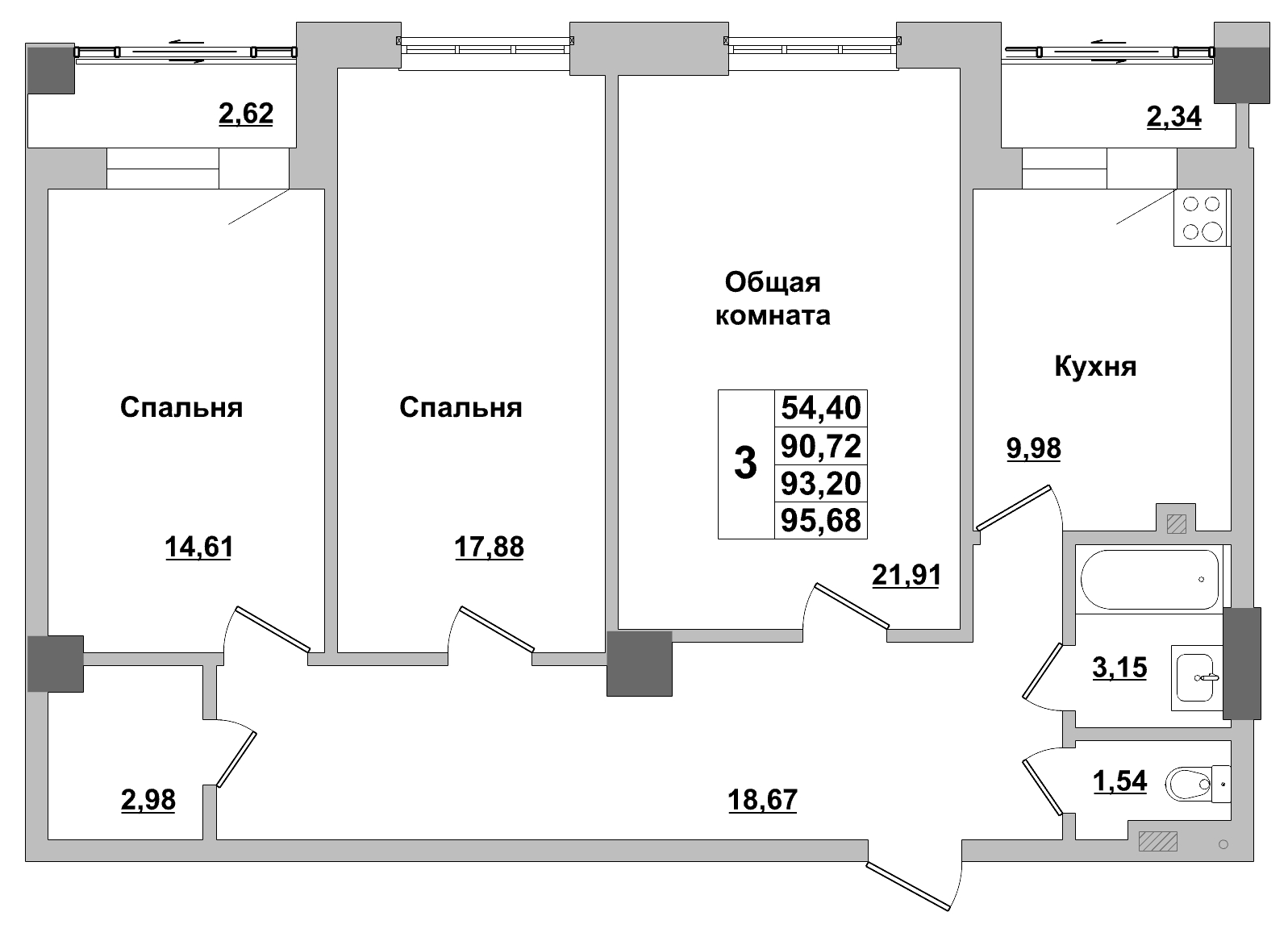 3 комн., 93.20 м²