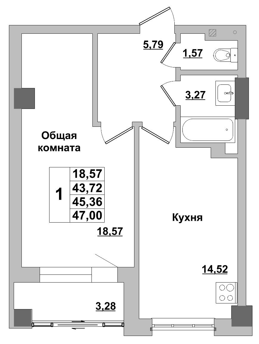 1 комн., 45.36 м²