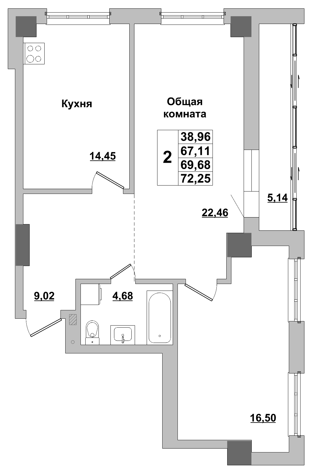 2 комн., 69.68 м²
