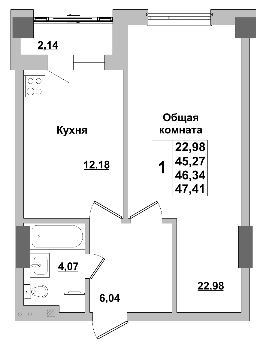 1 комн., 46.34 м²