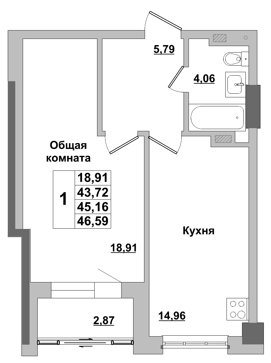 1 комн., 45.16 м²