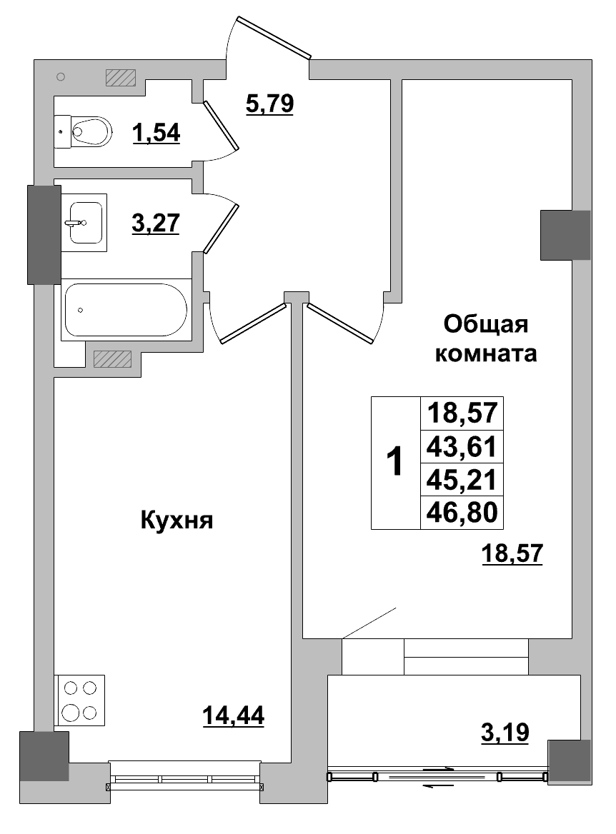 1 комн., 45.21 м²