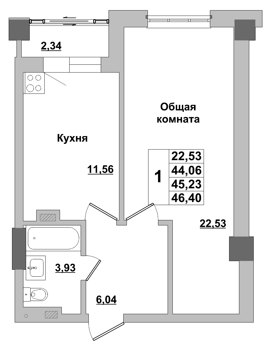 1 комн., 45.23 м²