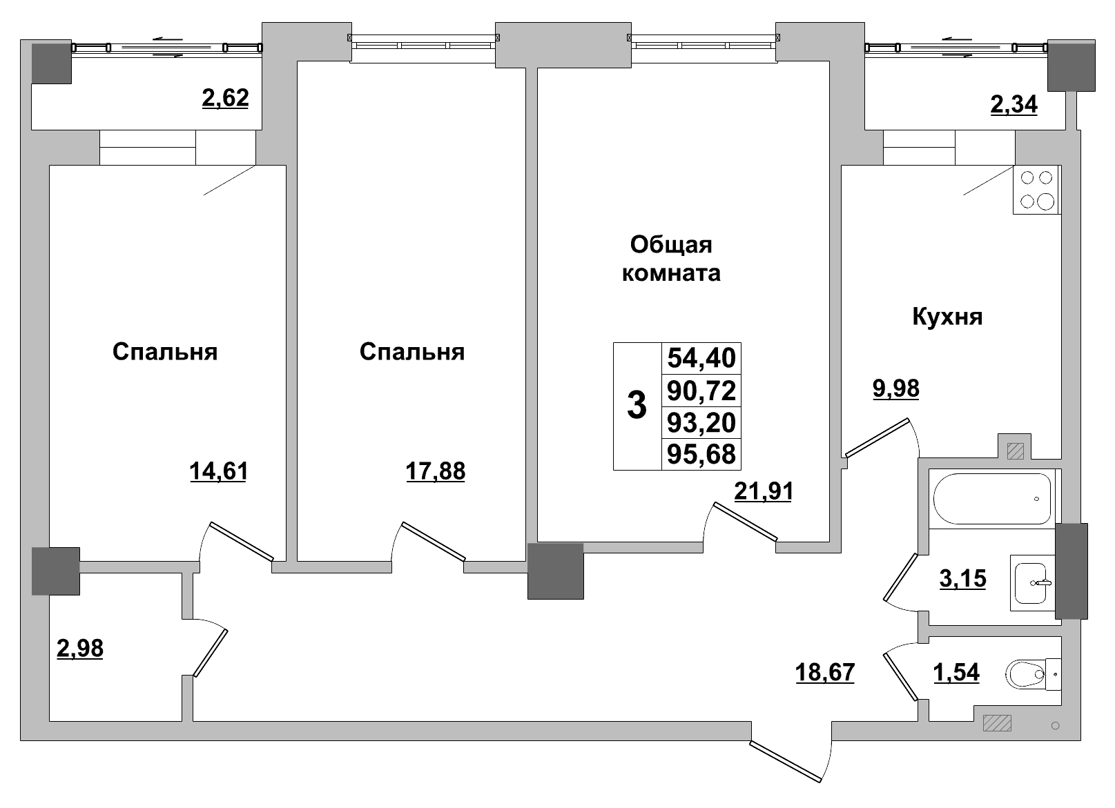 3 комн., 93.20 м²