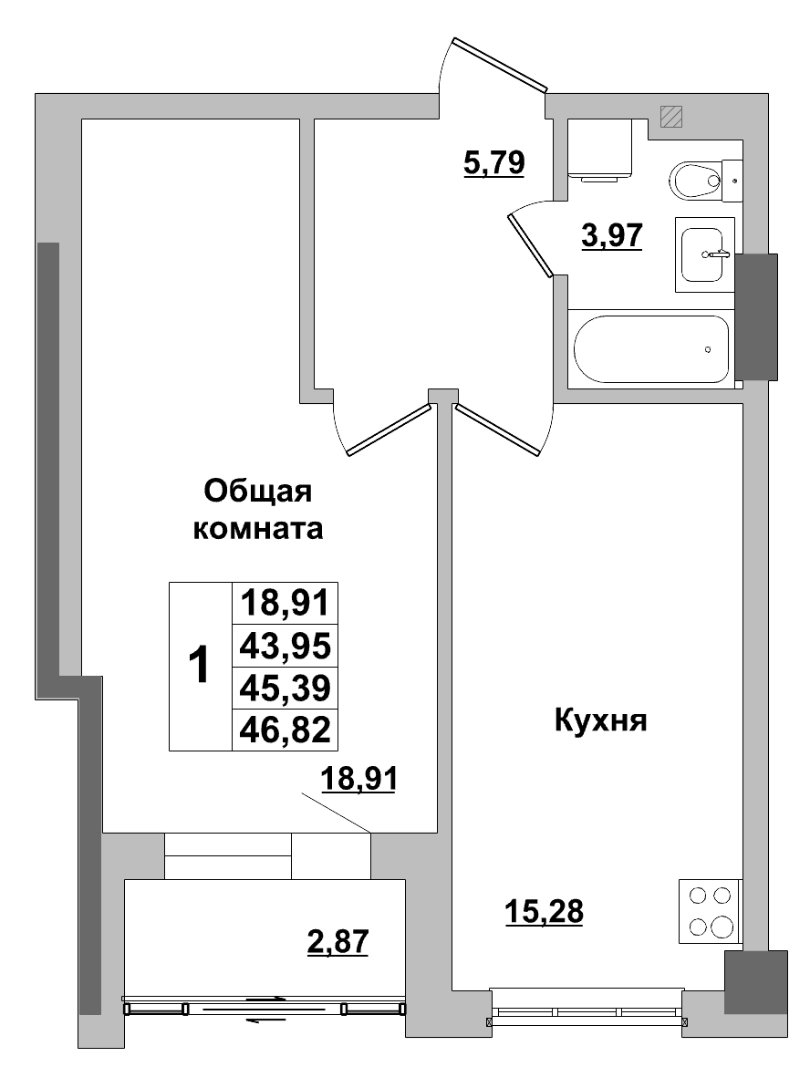 1 комн., 45.39 м²