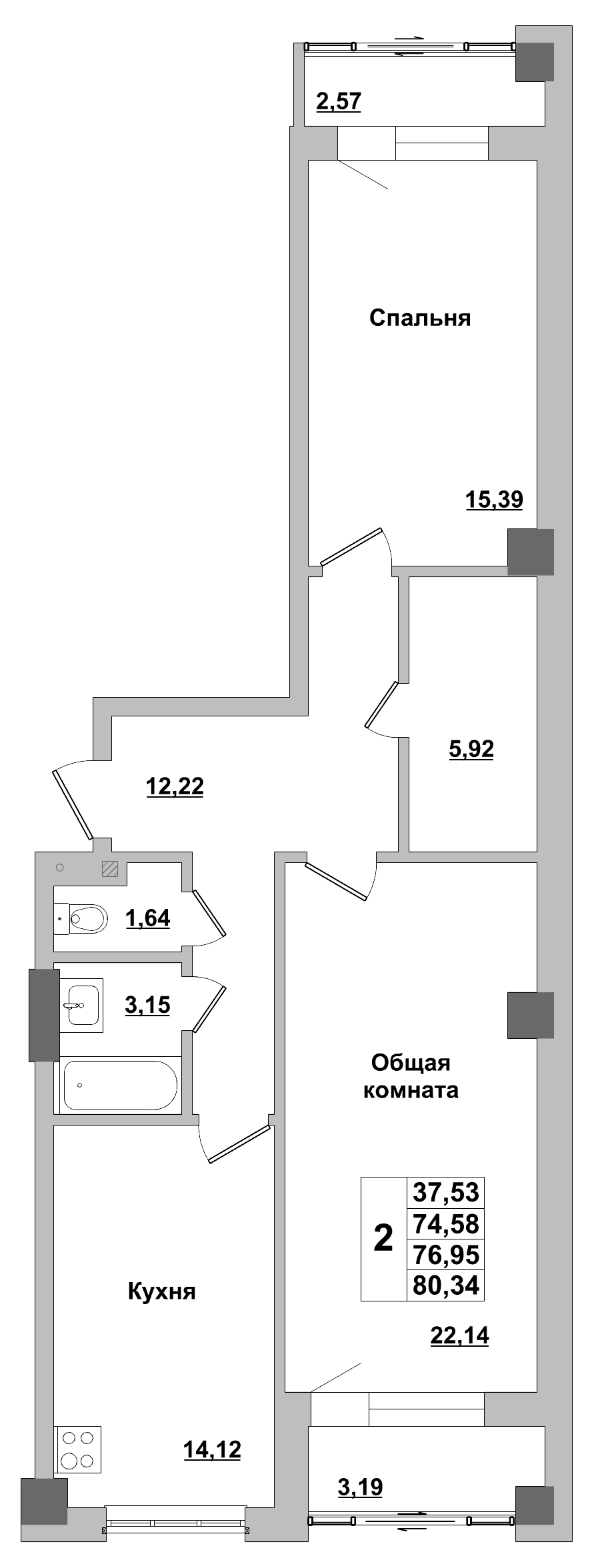 2 комн., 76.95 м²