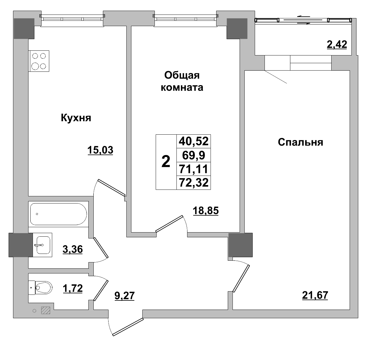 2 комн., 71.11 м²