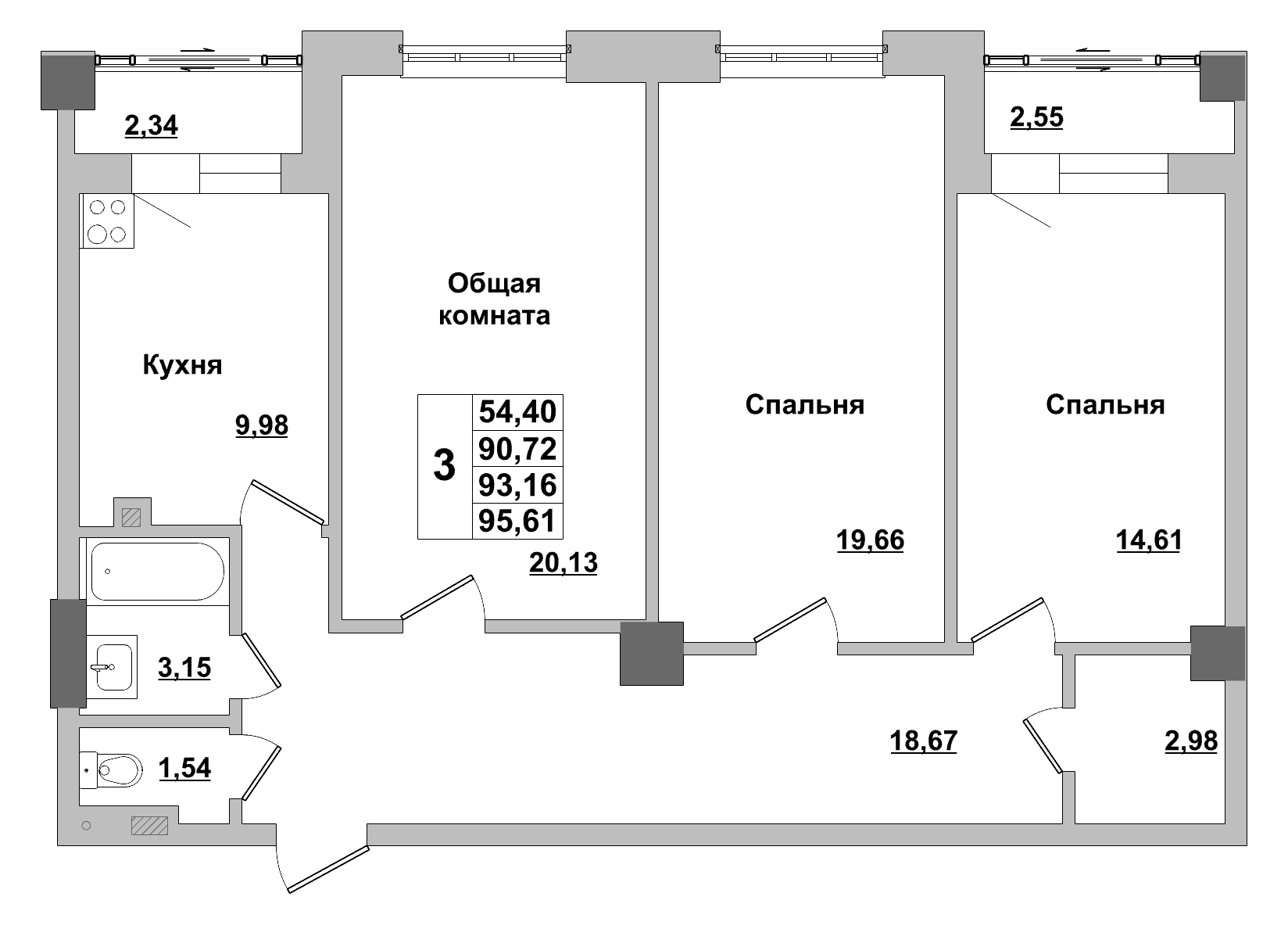 3 комн., 93.16 м²