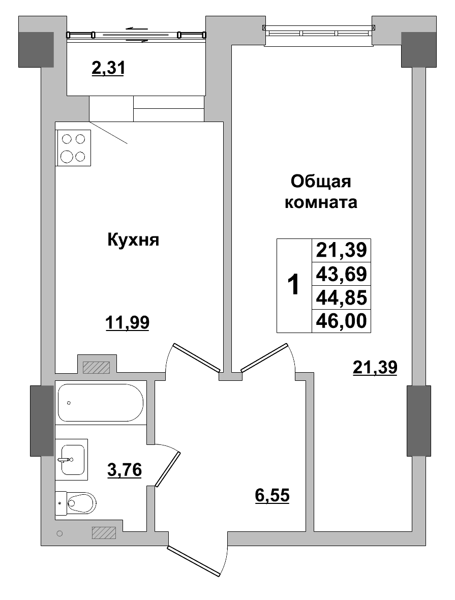 1 комн., 44.85 м²