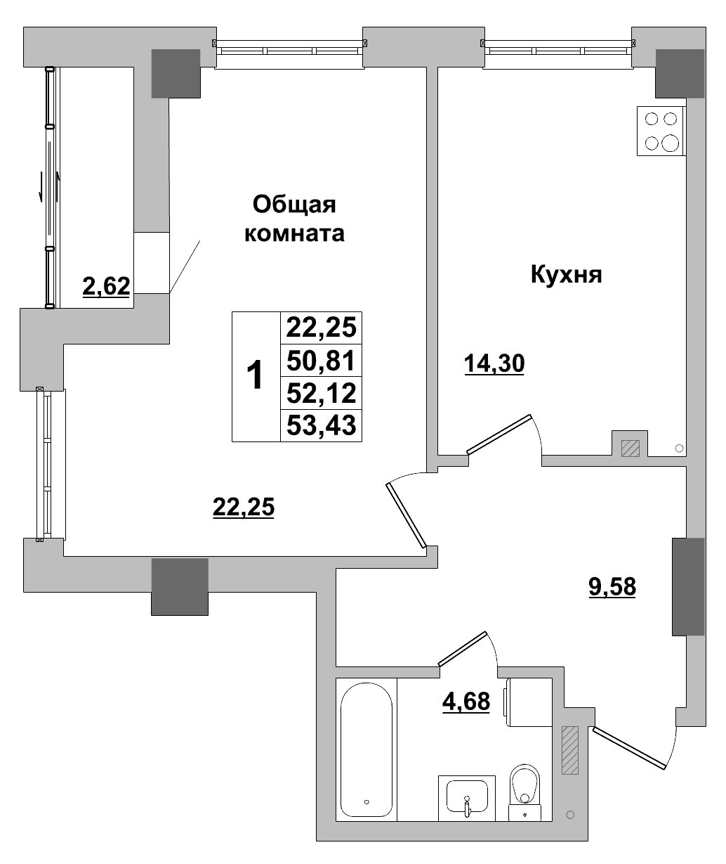 1 комн., 52.12 м²