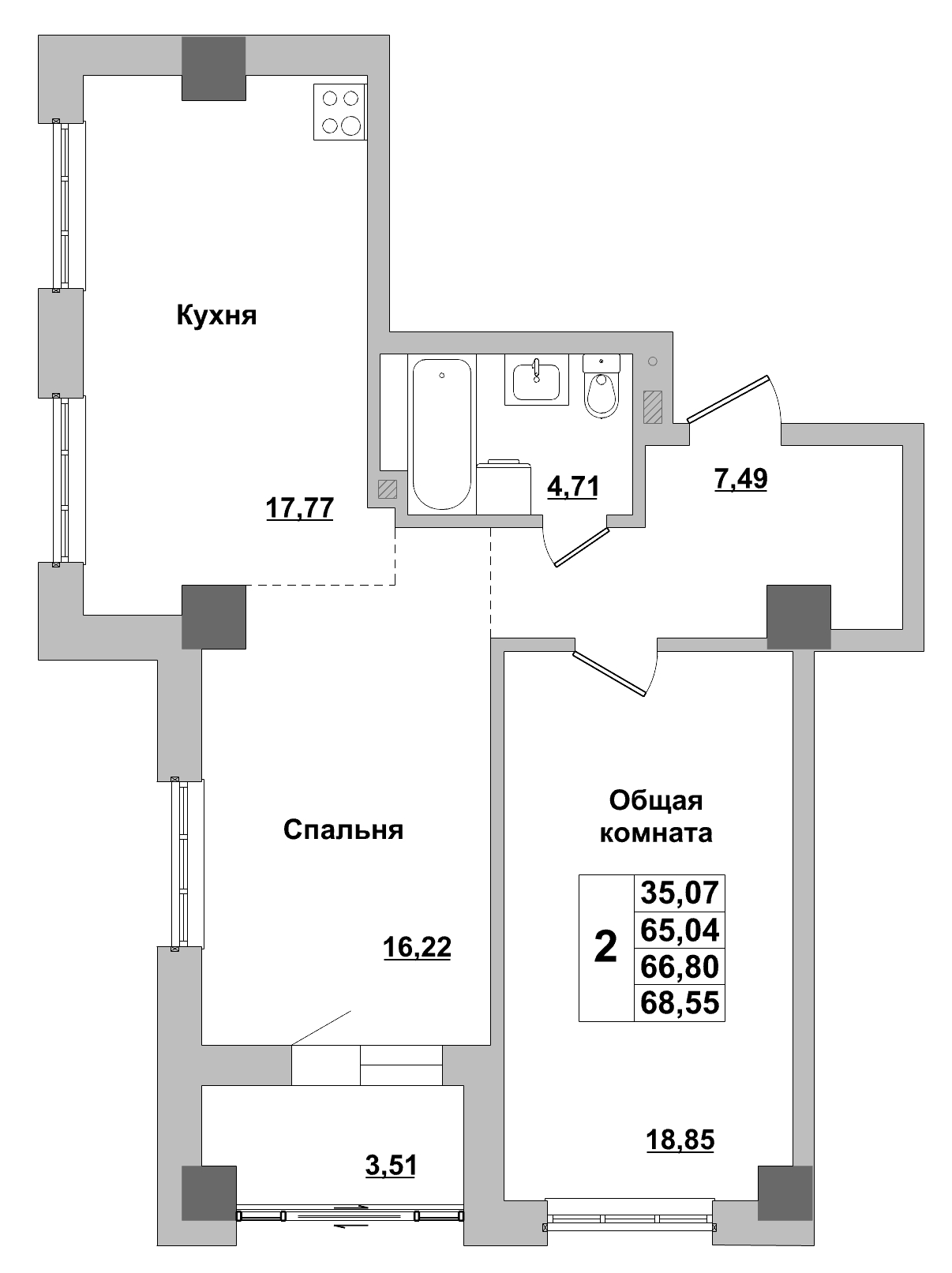 2 комн., 66.80 м²