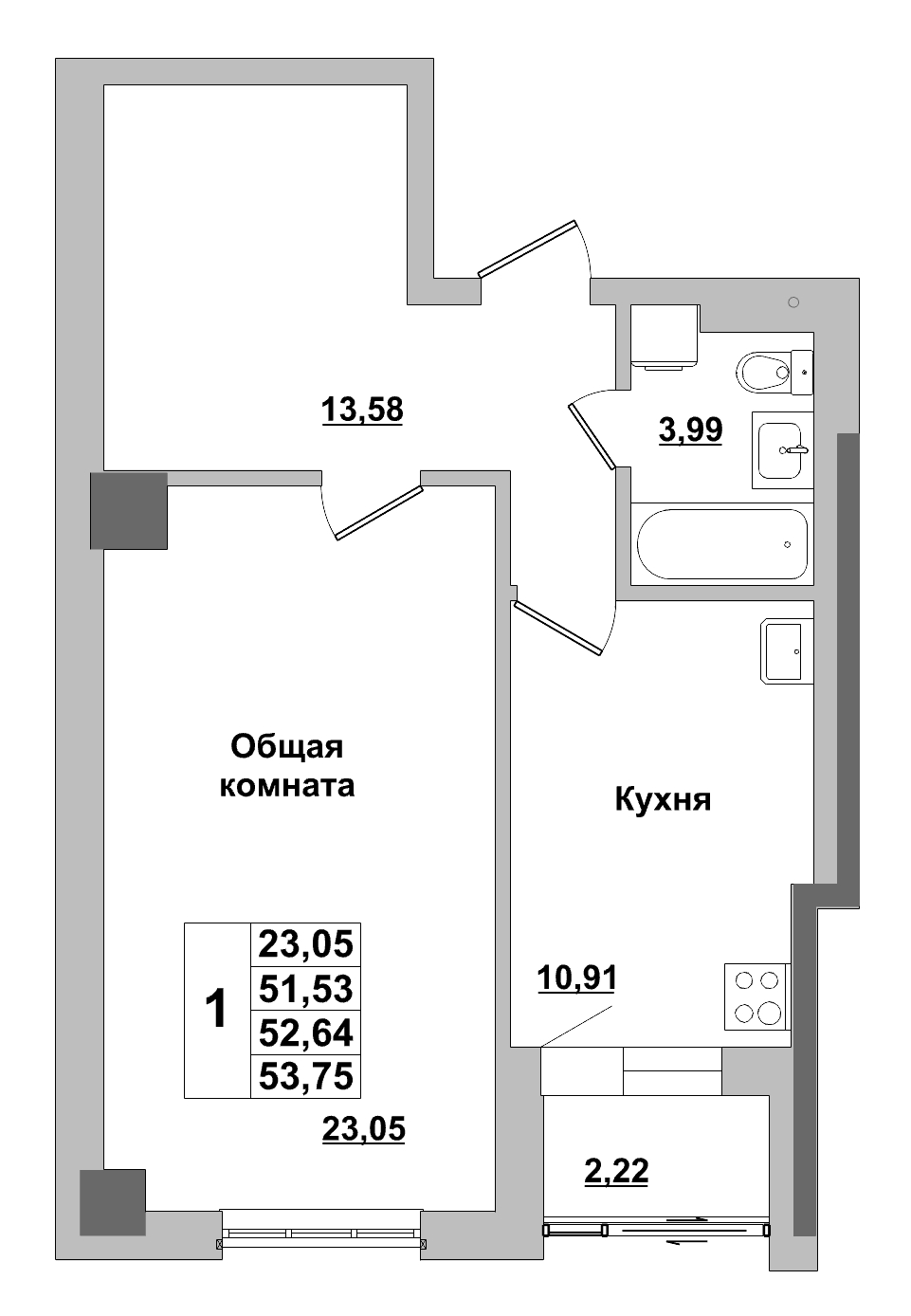 1 комн., 52.64 м²