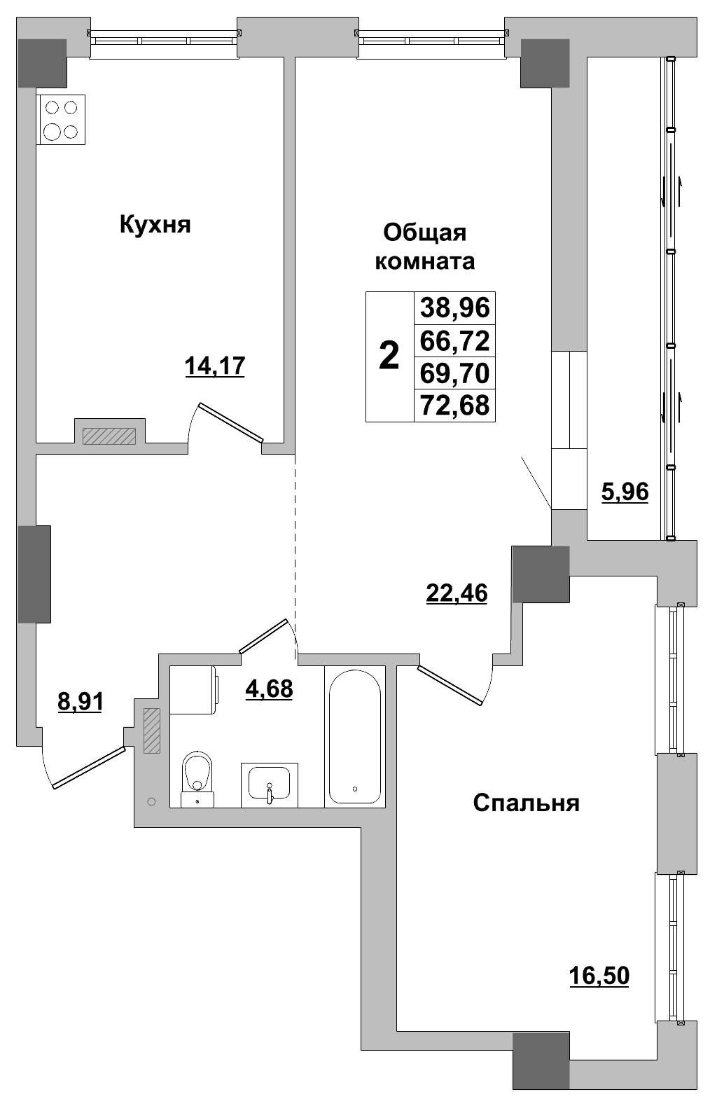 2 комн., 69.70 м²