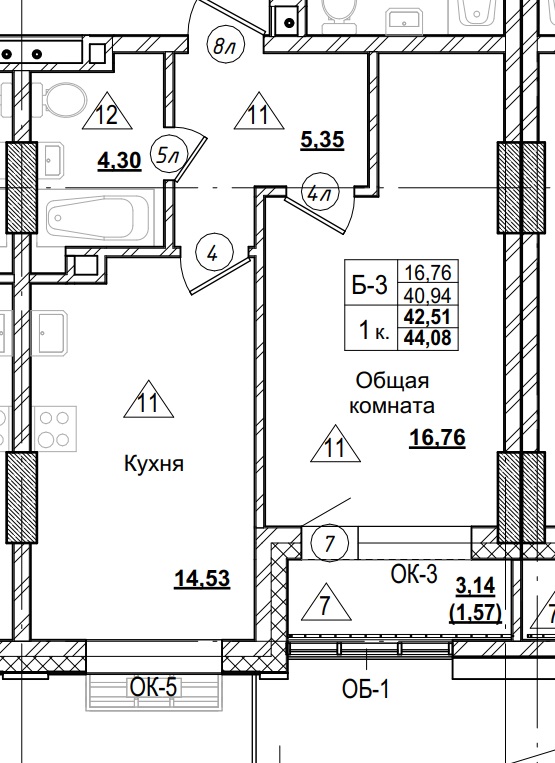 1 комн., 42.51 м²
