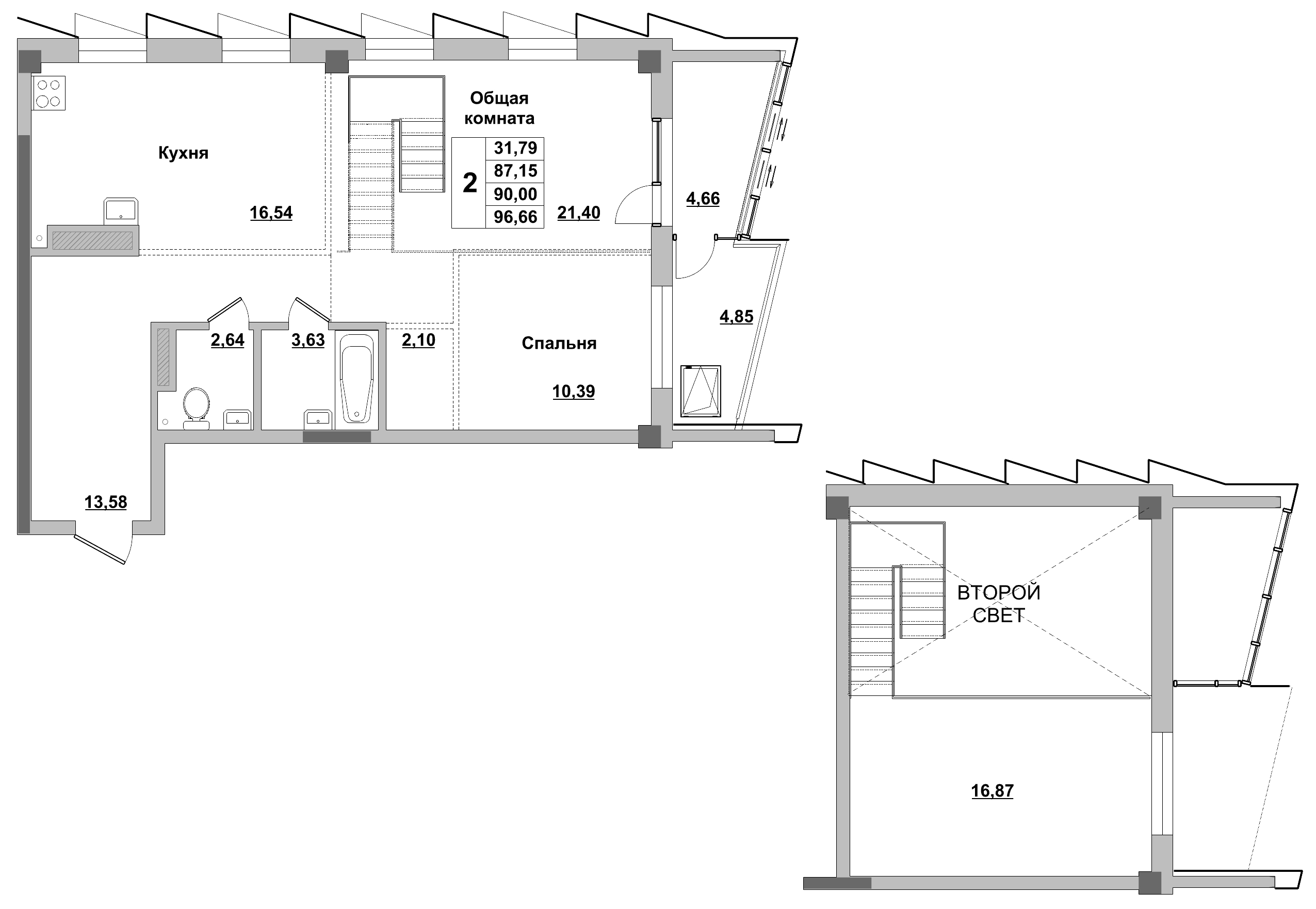 2 комн., 90.00 м²
