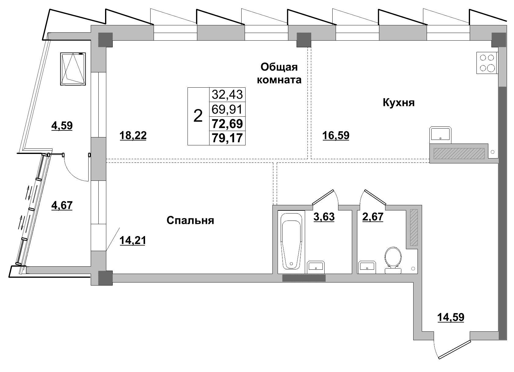 2 комн., 72.69 м²