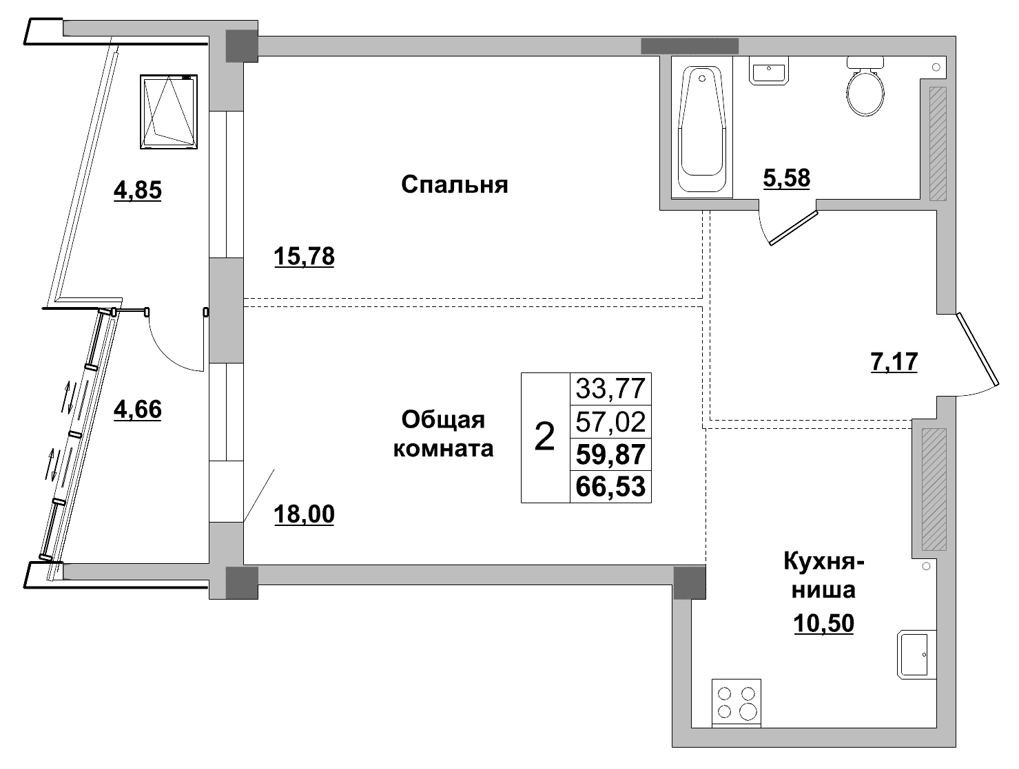 2 комн., 59.87 м²
