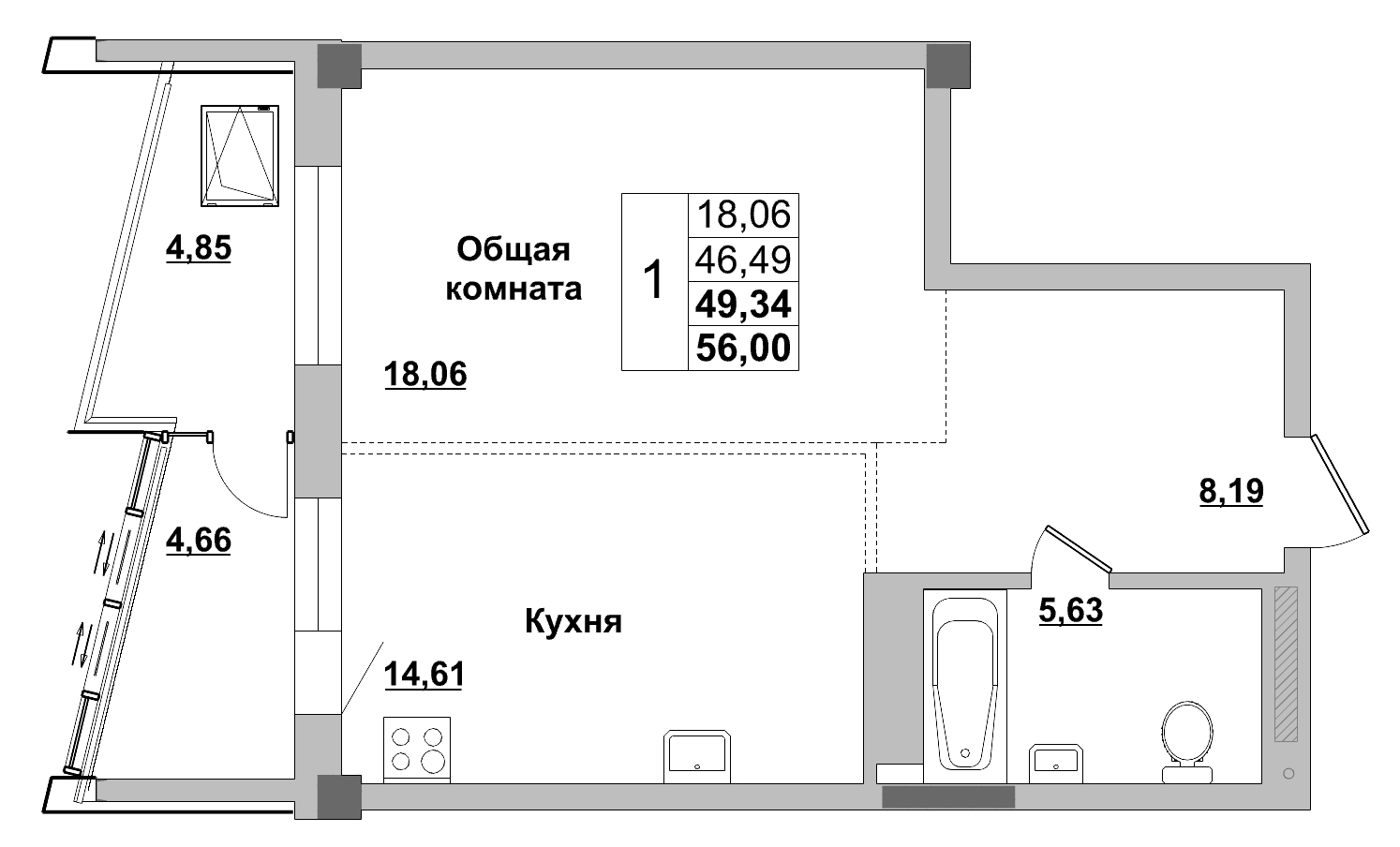 1 комн., 49.34 м²