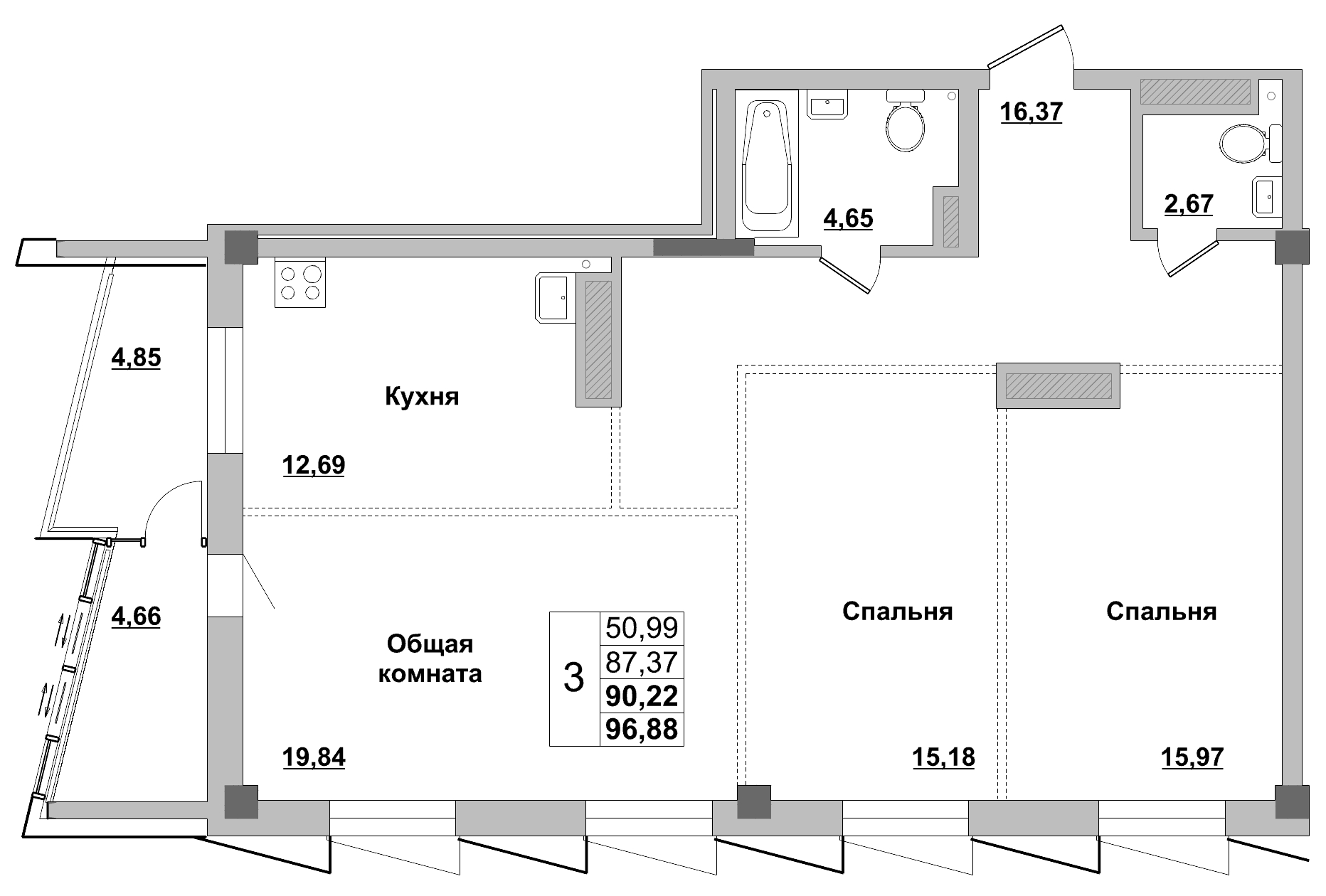 3 комн., 90.22 м²