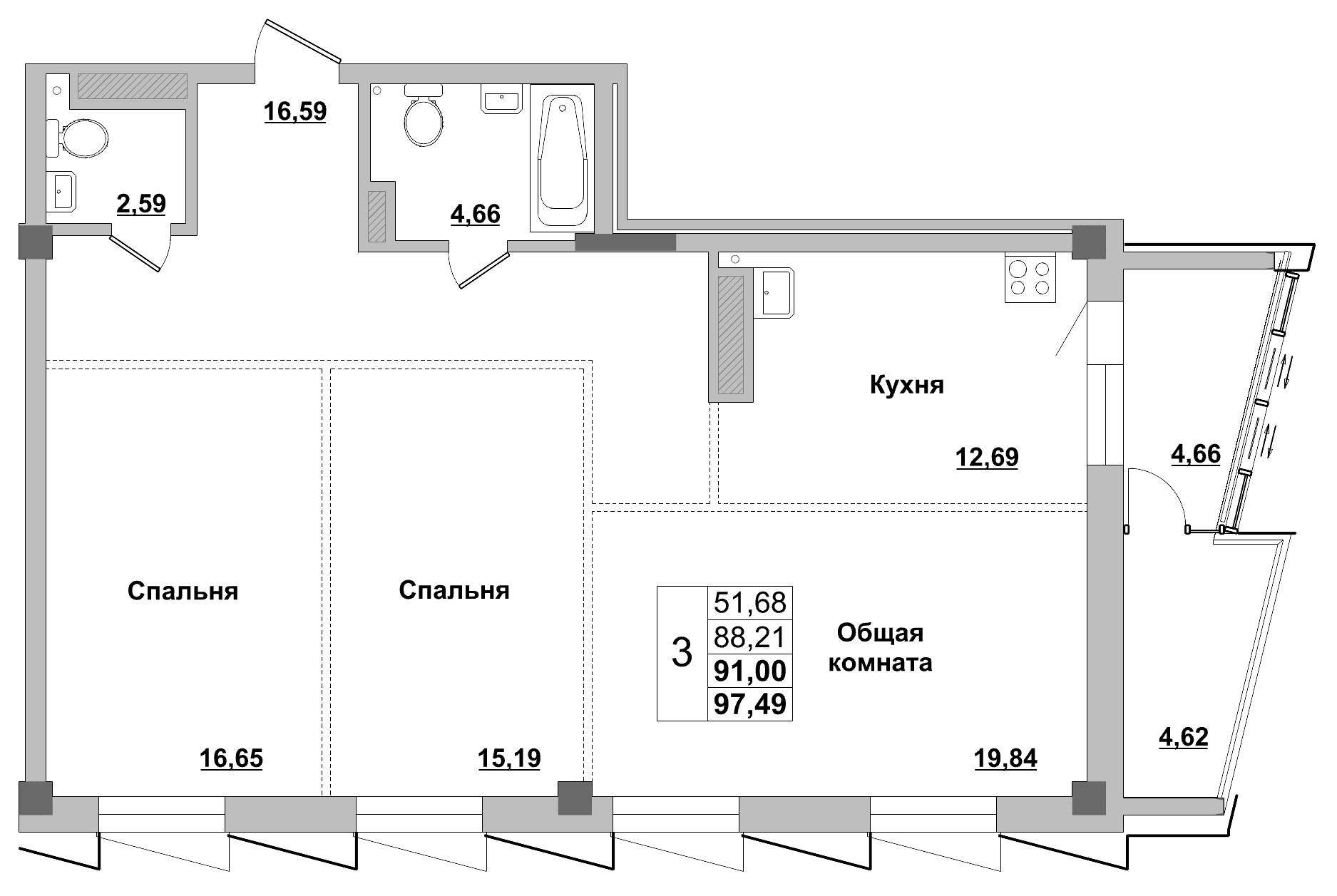 3 комн., 91.00 м²