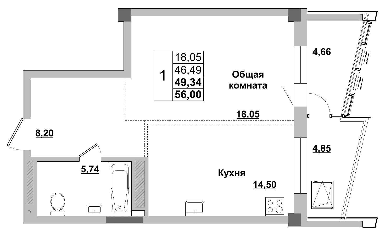 1 комн., 49.34 м²