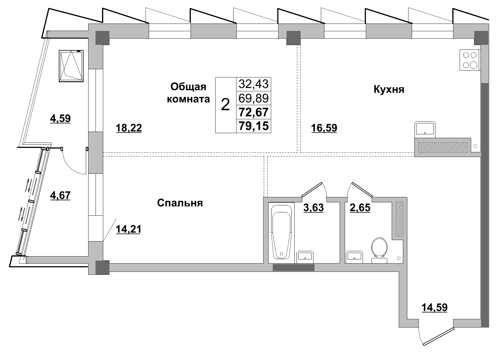 2 комн., 72.67 м²