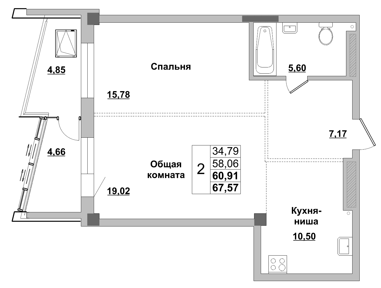 2 комн., 60.91 м²