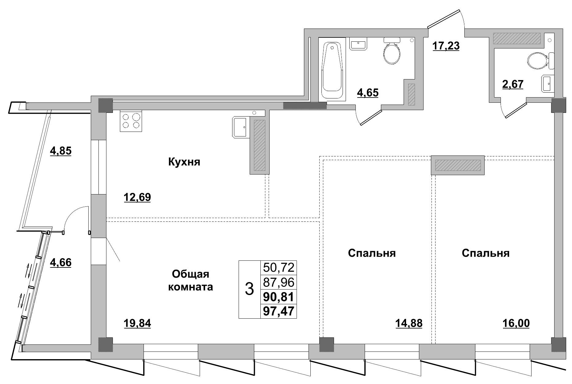 3 комн., 90.81 м²