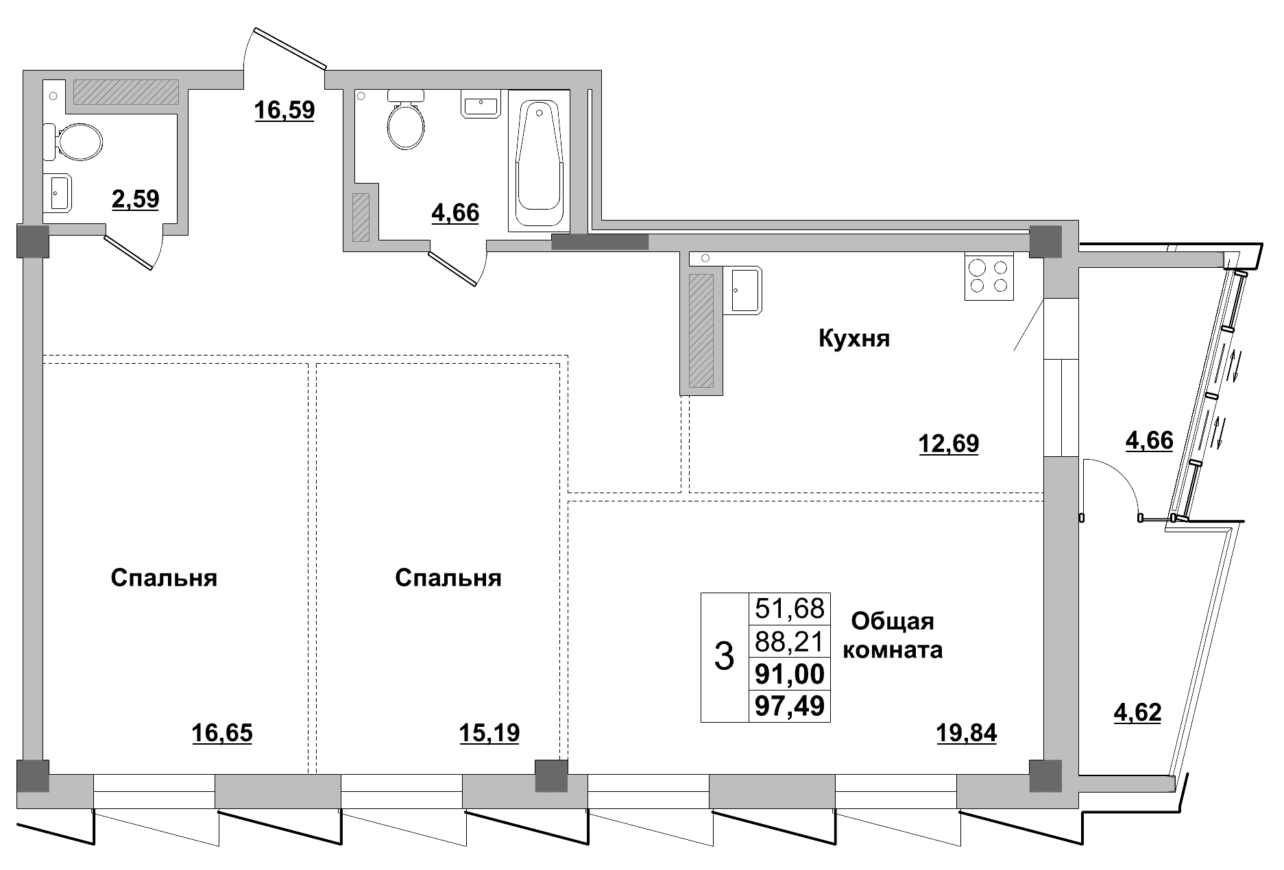 3 комн., 91.00 м²