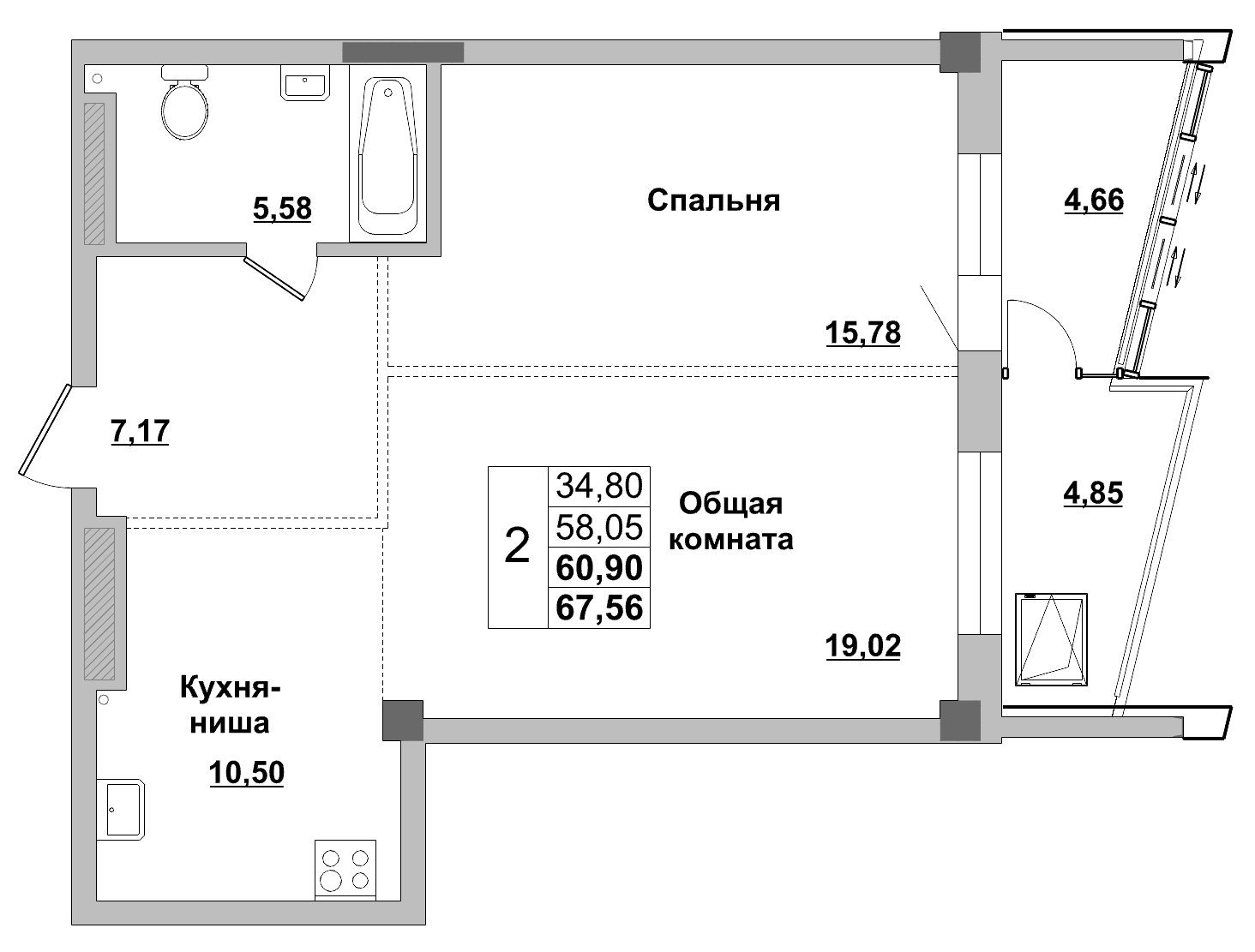 2 комн., 60.90 м²