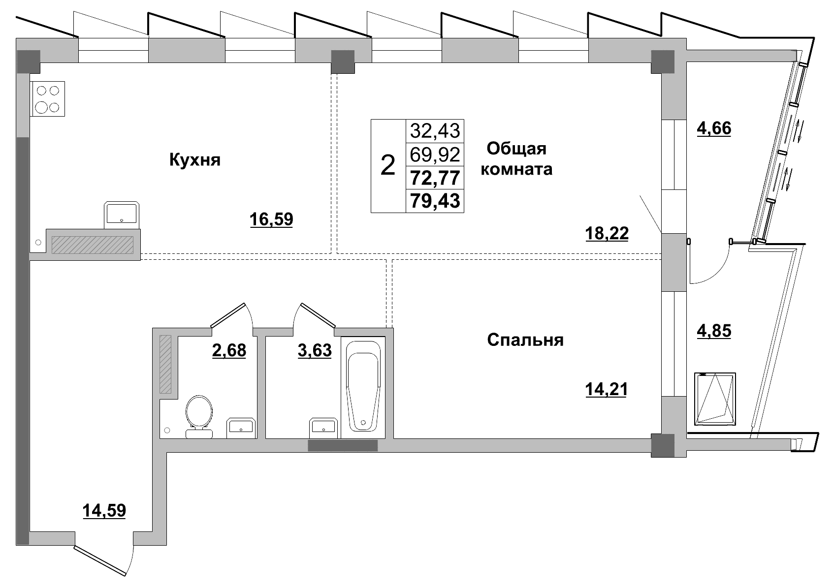 2 комн., 72.77 м²