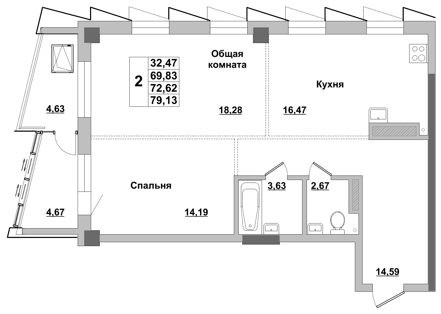 2 комн., 72.62 м²